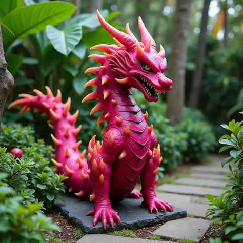 On a garden, standing a fierce cut made only of dragon fruit,realistic 