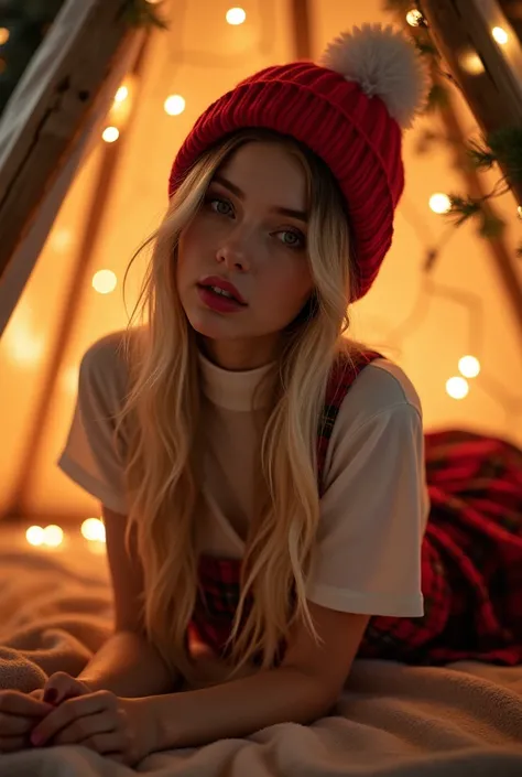  Womens long straight blonde hair balayage ,  is lying face down ,  looking at the camera , He wears a red Christmas hat , white turtleneck t-shirt , short skirt in uniform schoolgirl quadrille red,  Knee-length white stockings ,  is inside a tepee full of...