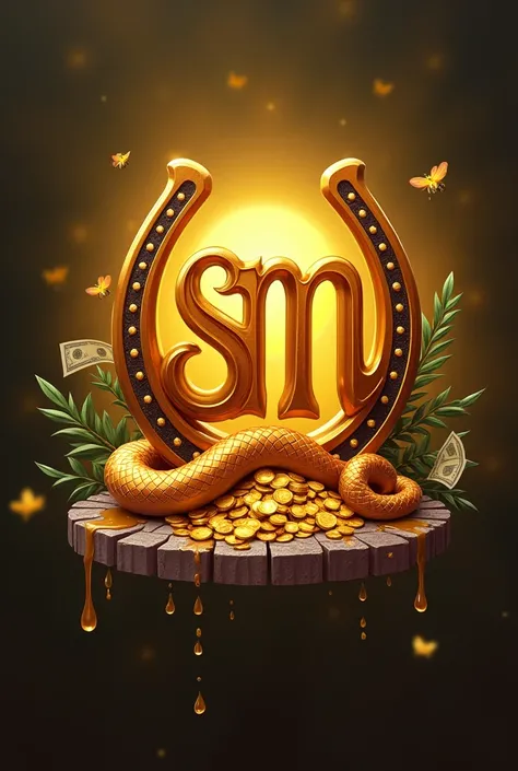 Design two letters “SM” as a logo, add honey ,  snake and horseshoe there and lots of money