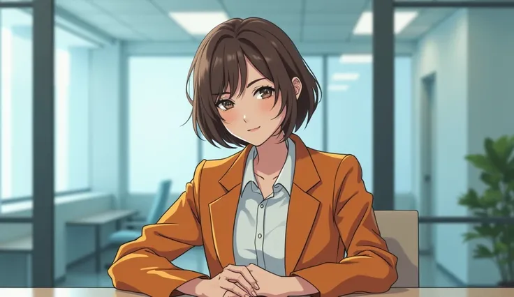 Create brown-haired woman with Tomboy cut in white dress shirt and half-orange brown blazer in the shape of a comicbook with glass windows in the background with her hands on the table