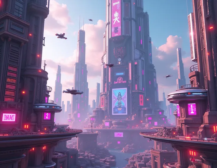 futuristic environment with silver, pink and purple tones in cyberpunk style