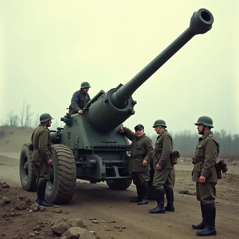  Historical image of German Wehrmacht gunners firing a large-caliber field artillery howitzer "Dora", with a ,  carriage ,  long barrel ,  during World War II , retro, Vintage photo,  very realistic , historical authenticity