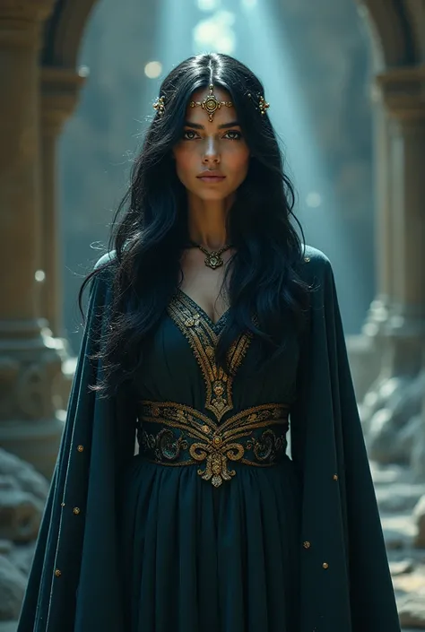 Woman fat arm brunette veil wrapped in long black hair wrapped in long black hair cloaked in stellar mystery brown eyes beautiful mystical priestess costumes her hair jewels on her crowned forehead covering one of her eyes majestic dress flowing voal full ...