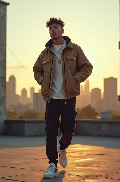 A contemporary guy singer singing a rap on a roof top in the afternoon 