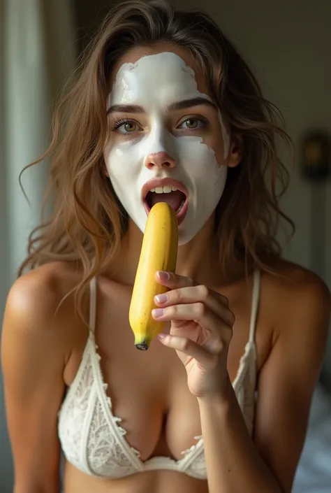 My caliph with her face completely full of milk , She is without a bra and without panties, putting a banana in her mouth and with an expression of excitement and eroticism