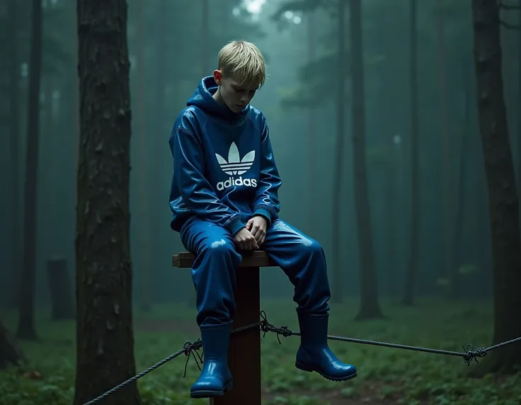  boy,short wet blonde hair,Teenagers uncensored,extremely anorexic,fearful look,Wrapped airtight in a shiny oversized blue Adidas latex sweatsuit and the boy sits on a fence post and rubber boots,sits on a pointed fence post, And is piled by him, Keep your...