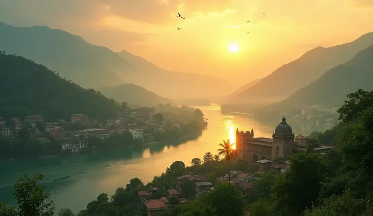 A picturesque ancient indian town nestled among lush green hills and flowing rivers. The view captures the sunrise casting a golden hue over the town, with birds soaring in the sky and soft mist rising from the valley. The crystal-clear water of a nearby l...