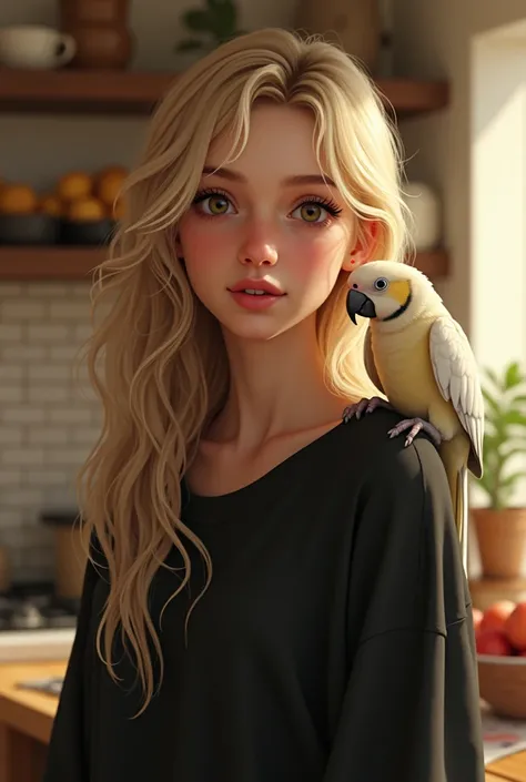  blond-haired woman , brown eyes and adorable ,  definite features, And thin , 20 years old,  in the background of a kitchen and wears a very wide and warm black sports sweater.  has long hair, loose in waves,  wet and a little messy . There are fruits in ...