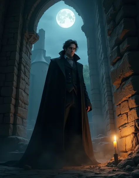 A mysterious figure stands in the shadows of an ancient, crumbling castle, illuminated by the soft, warm glow of a single candle. The figure is dressed in Victorian attire, with a long, flowing cloak and a stern expression. The castles stone walls are bath...