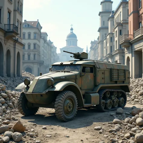 German sdkfz7 ,  half-track armored vehicle parked among the ruins of a destroyed German Catholic city during World War II,  depicting urban camouflage . The scene was shot in bright daylight ,  half-track armored vehicle with vehicle details against the b...