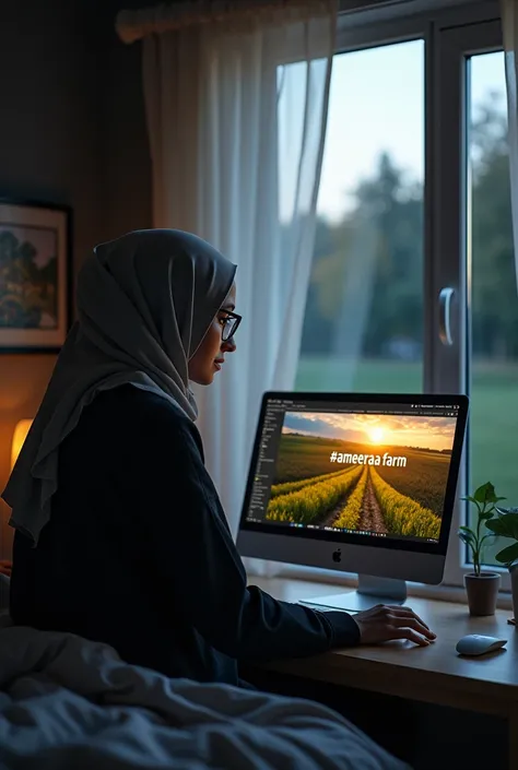 a woman wearing a hijab with glasses is editing a clearly visible"#Ameeraa farm" in her edited picture, in front of the computer with the atmosphere in front of the bedroom window facing the outside view with a feeling of relief at midnight, seen from behi...