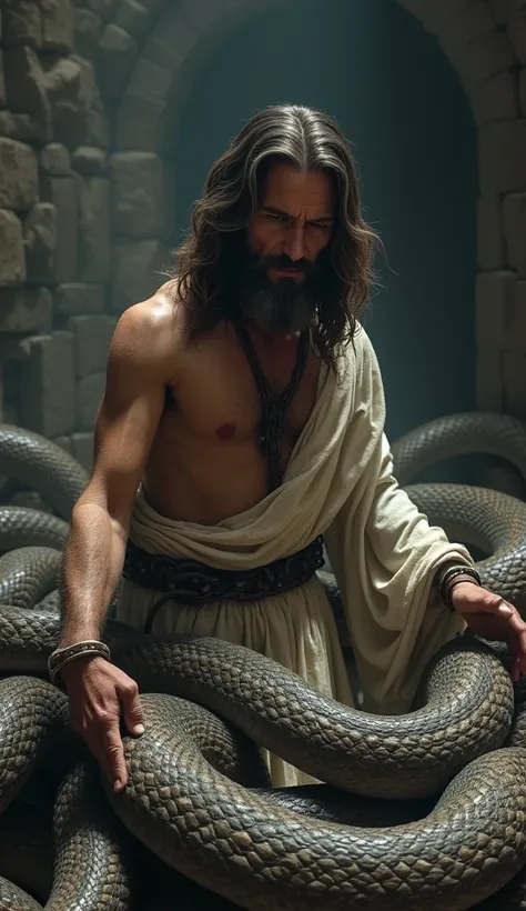 A hyper-realistic scene in a dungeon. In the foreground, jesus with weathered features locked in chains. His tattered and worn-out clothes hang loosely on his thin frame, and his face shows years of hardship etched in every wrinkle. 

In front of locked je...