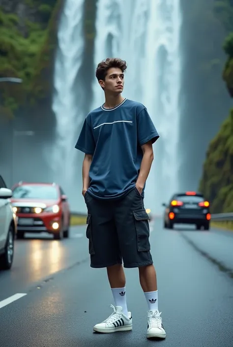 4k photo of a young man  , black denim dress ,  white sneakers Adidas , blue t-shirt with white line over the neck , The young man on one side of the road where some vehicles are passing by and next to it a waterfall  