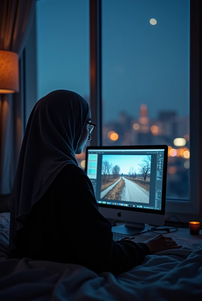 a woman wearing a hijab with glasses is editing a clearly visible"#Ameeraa farm"free hand font in her edited picture, in front of the computer with the atmosphere in front of the bedroom window facing the outside view with a feeling of relief at midnight, ...