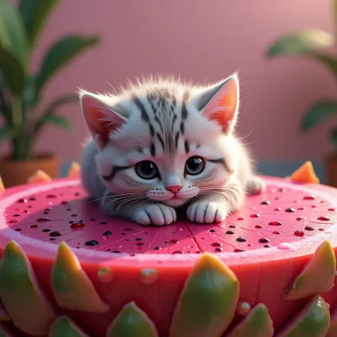 A very cute cat sitting on a table made of only dragon fruit, realistic.