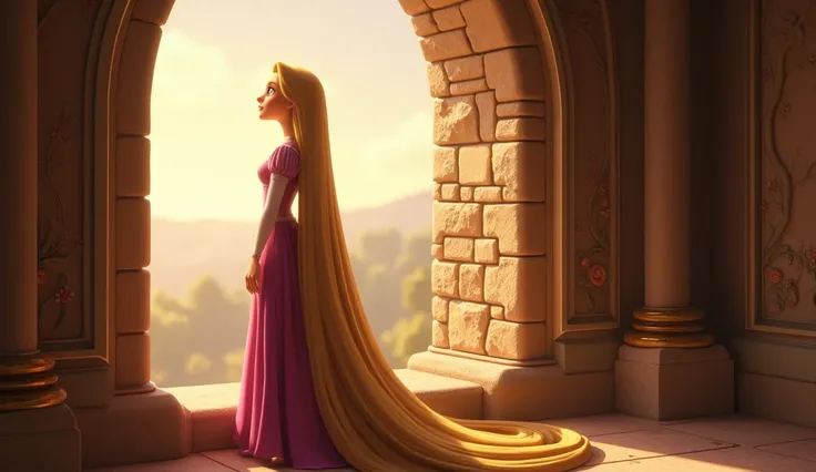 Tangled princess as  live action movie actress standing near her window from castle looking outside. 