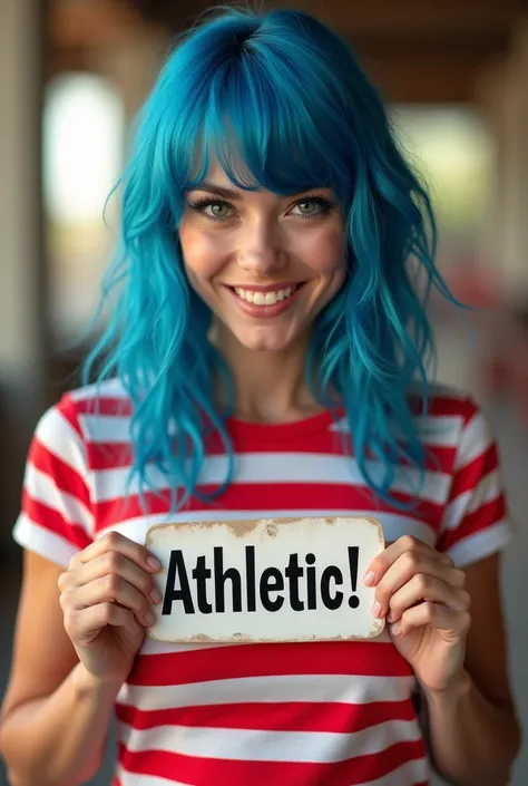 Extremely beautiful woman with vibrant blue hair, smiling, perfectly detailed body , hyperrealistic professional , full body, wearing a basic red and white striped t-shirt. She holds an amazing banner that says Aupa Athletic! in bold letters. Her eyes are ...