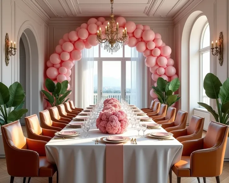 create a huge hall with table for 17 persons for gender party. Decorations: a lot of balloons, a lot of flowers - hydrangea pink and blue, beige ribbons on table only. Decoration style is elegant and like in fairytale. seats is caramel color, panoramic win...