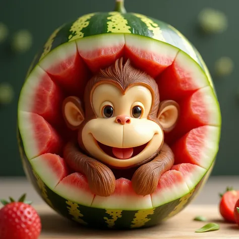 On a cut watermelon, a very cute monkey sitting and smiling, designed just by cutting the watermelon.