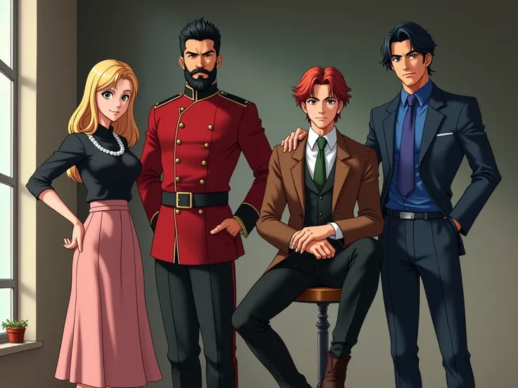 A medium shot anime style medium shot of a stern man with a black beard, short black hair, and green eyes. He is wearing a red military-style jacket, black pants, and black boots. He is standing firm. Next to him is a serious  with reddish-brown hair weari...