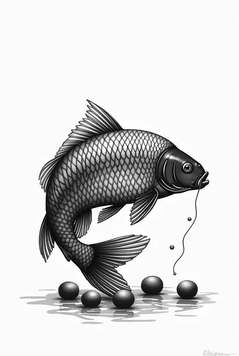 Create a black and white scale carp from semicolons,Now show the carp from the side,Now let the carp eat lots of boilies