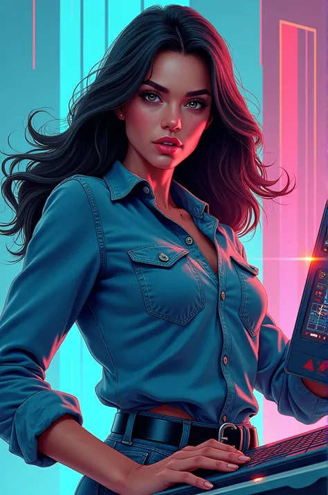 Woman with long hair and denim shirt in front of a comic book style computer 