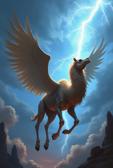 A flying camel has wings and lightning in the sky