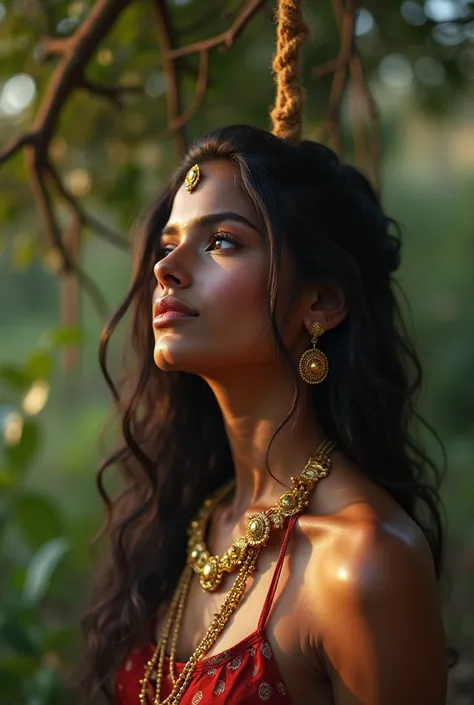 A indian dead body of naked girl hanging in tree.  With rope bloody ultra realistic girl neck rope girl centre of picture with golden jewellery , face showing, sun light in body