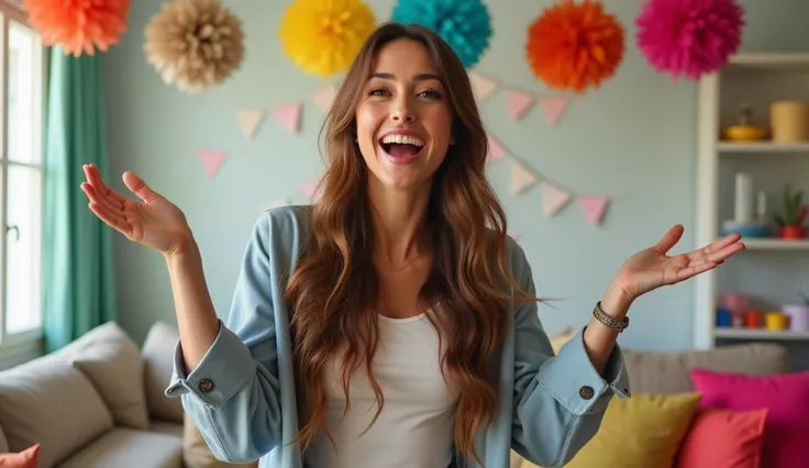 Hyper-realistic 8K. An enthusiastic woman with long brown hair, wearing a modern casual outfit, gesturing excitedly with a big smile, surrounded by vibrant, colorful decorations in a brightly lit room.