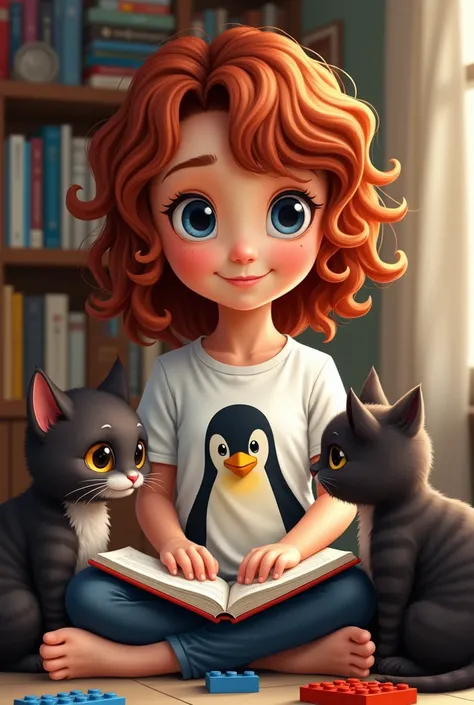  DRAW A  girl ,  dark copper hair curlers on its ends,  hair curled up ,  dark blue eyes.  She is smiling sitting , his white t-shirt with a penguin ,  he is reading a book in his room with bookcases ,  with LEGO blocks around him and together with his two...