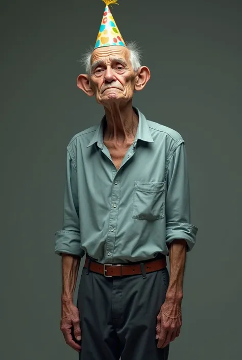 The Man,  approximately 80 years old and skinny ,  are dressed in a light blue shirt , dark pants and brown belt . He is wearing a birthday hat and has a sad physiognomy.