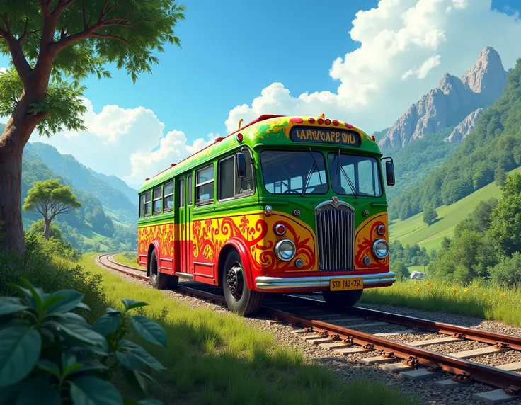 A moving bus with a beautiful color painting in the colors of reggae on a track with a beautiful landscape With following another show 