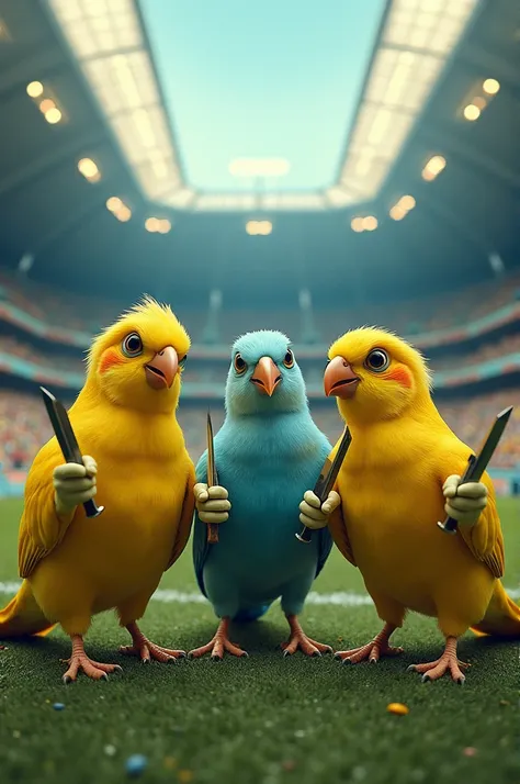 Get 3 on the right 3 on the left one in the middle yellow and blue holding a knife in the hand of the canary football stadium 