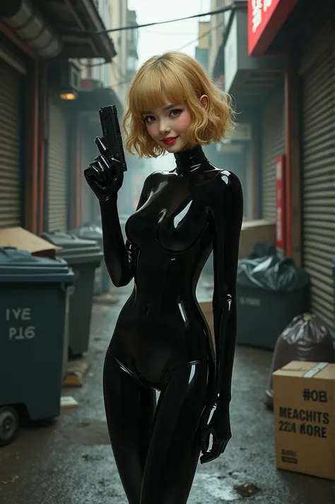 Skinny 17-year-old blonde Japanese girl with short curly haircut from the 50s smiling wearing a black latex catsuit and holding a tazer in a dark alley with garbage cans and garbage bags and cardboard boxes 