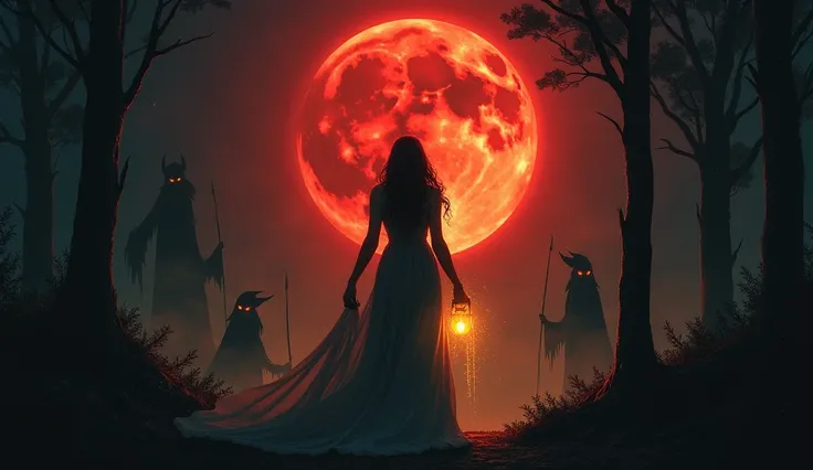 The woman stands at the edge of a dark, foreboding forest under a blood-red lunar eclipse. She holds a glowing tapestry that emits a faint golden light, illuminating her path. Shadows with menacing shapes surround her, their glowing eyes watching as she co...