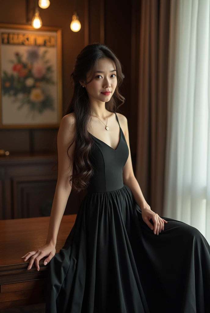 araffe woman in a black dress sitting on a table, wearing long gown, gorgeous chinese model, wearing an elegant dress, elegant dress, half-turned lady in evening gown, ruan jia beautiful!, captured on canon eos r 6, asian girl with long hair, wearing an ev...