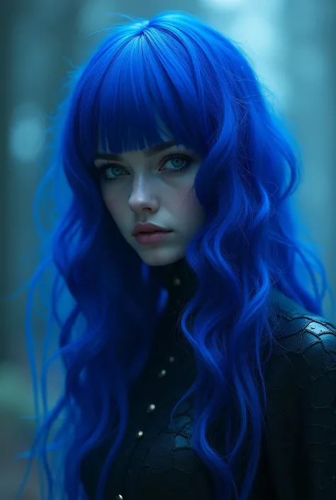 Intense blue wig with fringe long wavy hair in 3d