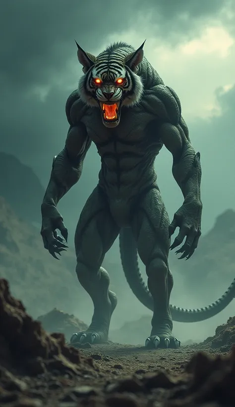 A terrifying hybrid creature featuring a tiger combined with reptilian elements, standing on a desolate landscape under a dark, stormy sky. The creature has a tigers muscular body with sharp claws, glowing fiery eyes, and an extended tail resembling a serp...