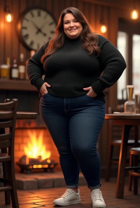 Tall plus size mature 52 year old housewife, long brown hair, large breasts, large hips and thighs wearing tight dark blue jeans, black wool jumper, white trainers, standing in pub near fireplace