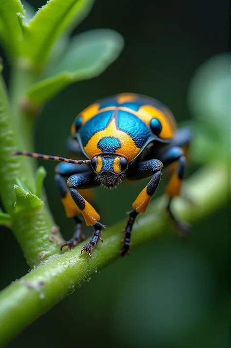 a colorful insect sitting on top of a plant branch with a blue and yellow pattern on its body, Clovis Trouille, cloisonnism, macro art, a macro photograph