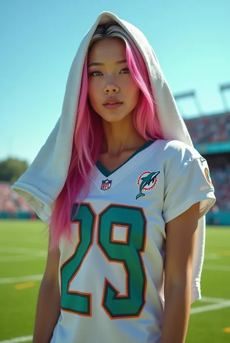 Extremely photorealistic A beautiful youthful looking Asian version of Ariana Grande as a 50 years old woman with pink hair towel completely covering her head with her gray hair covered now a NFL miami dolphins player who may be 5 0 years old but she look ...