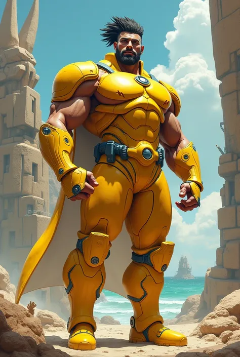 Create a model of a hero features stately muscular yellow costume futuristic rhinoceros scenery theres big hair