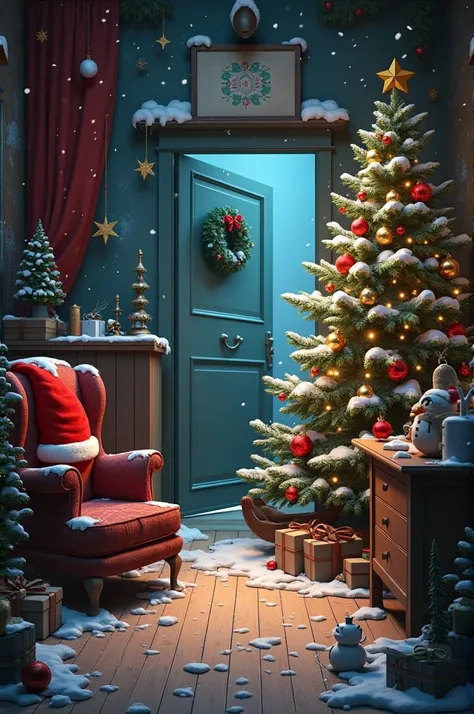  A room decorated with a Christmas theme like a detective game . Full of objects .  That contains a sock an elf a snowflake a snowman a snow sphere a Santa Claus imprint a sleigh a Christmas tree a nut a Christmas wreath a Christmas demon a reindeer horn. ...