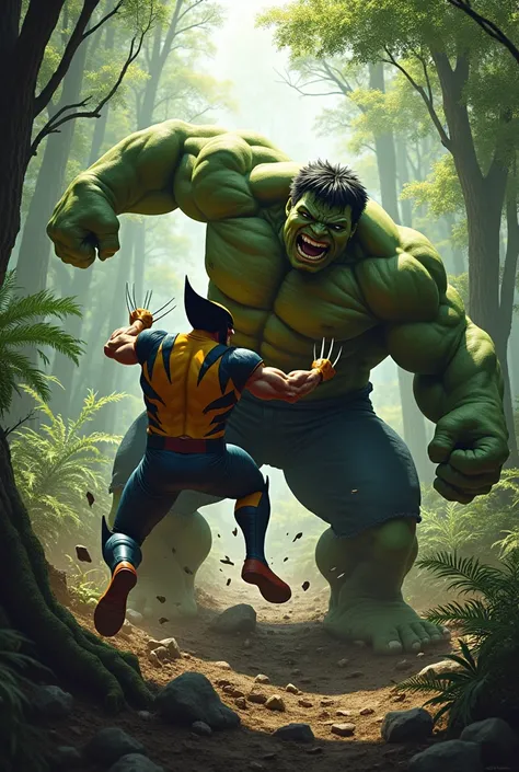 Wolverine fighting the Hulk in a forest