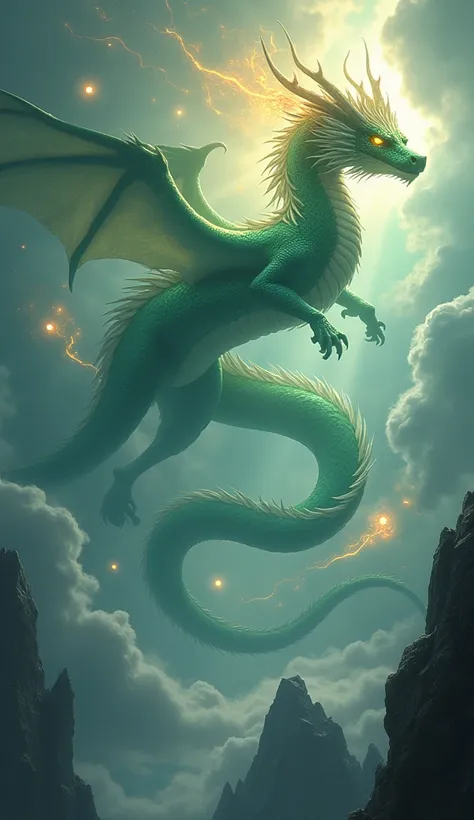 "A mystical heavenly dragon , gigantic,  snaking through the skies with shiny scales in shades of emerald green .  His eyes twinkle with a powerful golden glow ,  and long horns curved in ivory white emerge from his majestic head .  The body is adorned by ...