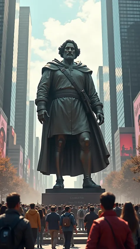 "A towering statue of Christopher Columbus in a modern city square, surrounded by onlookers, epic cinematic style."