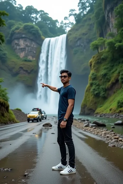 4k photo of a young man  , dressed in black jeans  ,  white sneakers Adidas  , dark blue t-shirt  ,  the young man is still on the wet dirt road where some vehicles are traveling and next to it a giant waterfall  ,  the young man pointing with his hand at ...