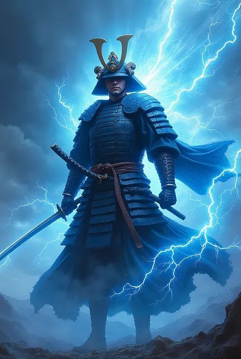 Samurai with god powered and got blue thunder aura around himself