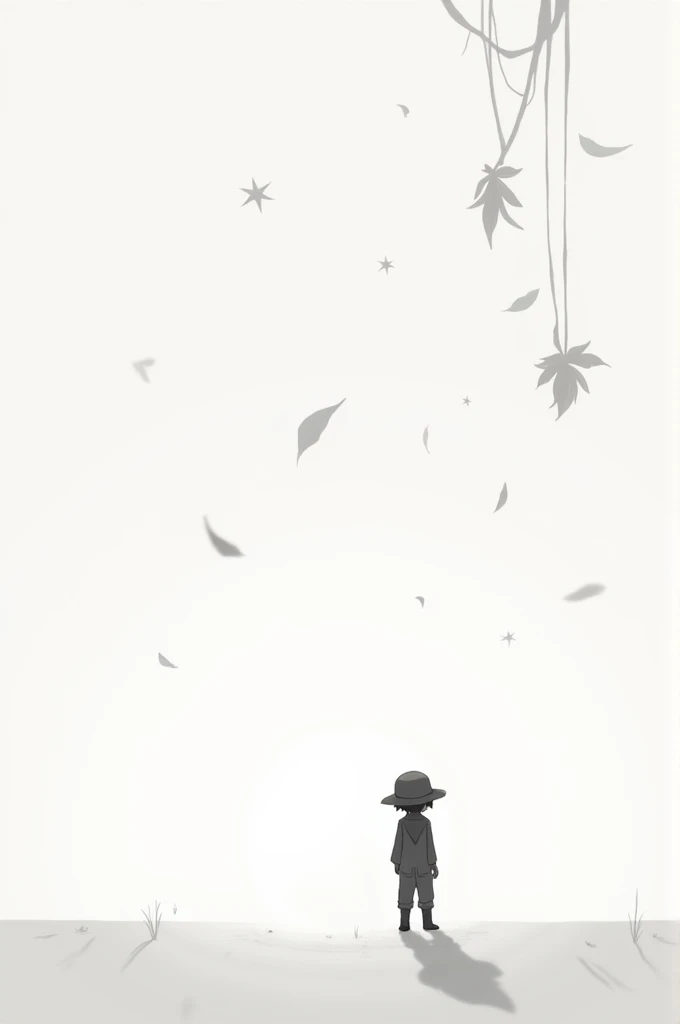   on a white background  ,   Small stars and a setting sun ,   on the side of the right corner, an image that reflects a little one standing in a jumpsuit with straps and a hat .  . Around the image are delicate stars and dry leaves that fall on the right ...