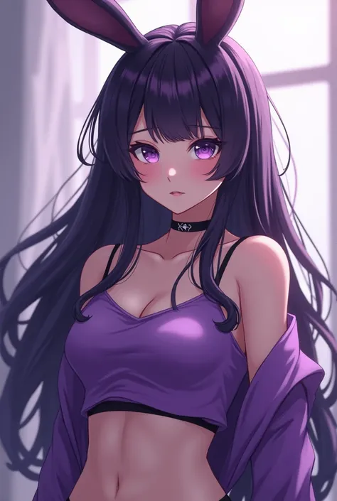 a 30 year old anime woman with long dark purple hair, bunny ears, 
purple eyes, sleeveless small purple plain crop
 top and black underwear